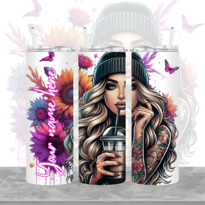 Personalised Pink Beanie Tattoo Girl 20oz Tumbler