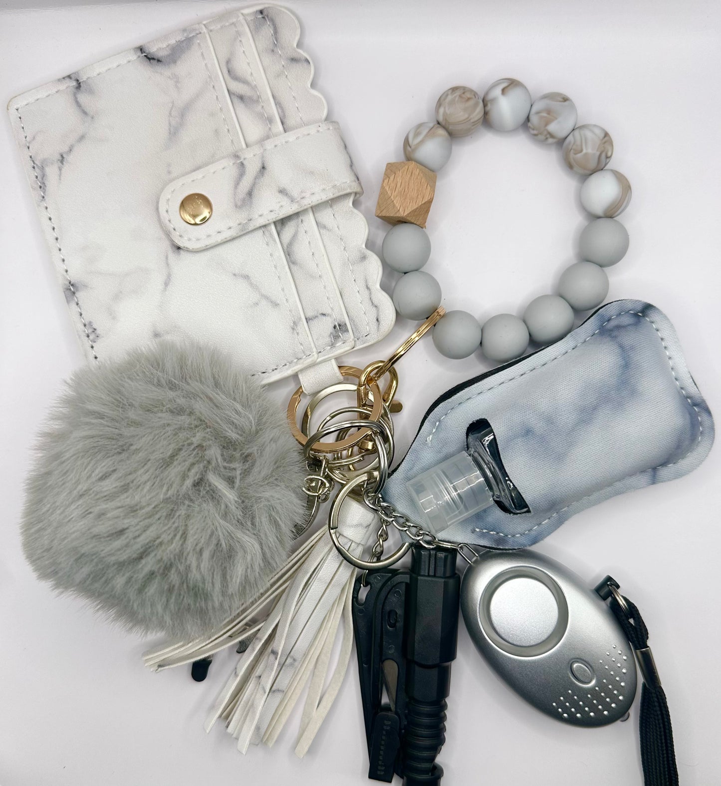 White Marble Wallet Safety Keychain