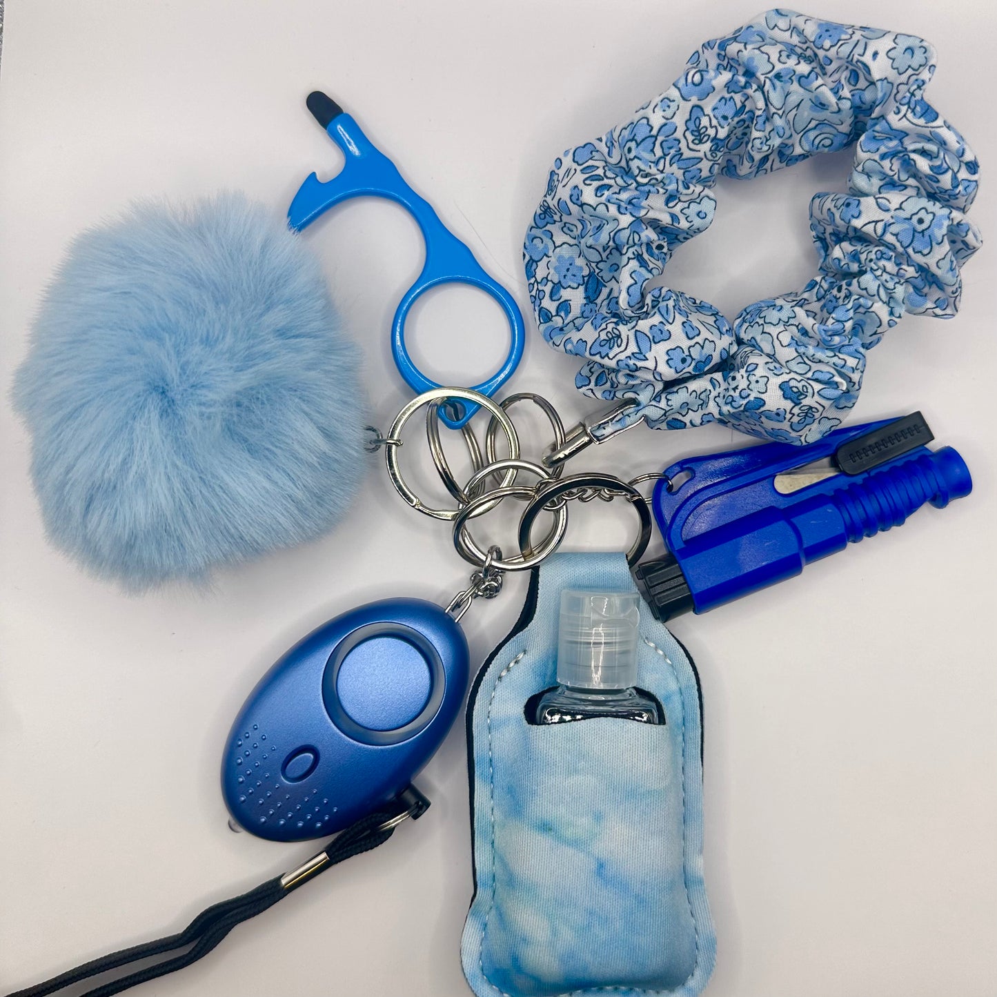 Blue Marble Safety Keychain with Flower Scrunchie Wristlet